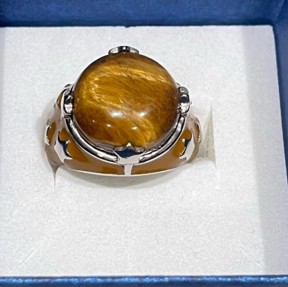 Chunky Tigers Eye Statement Ring Stainless Steel Star Details - Size 7 - Picture 2 of 7